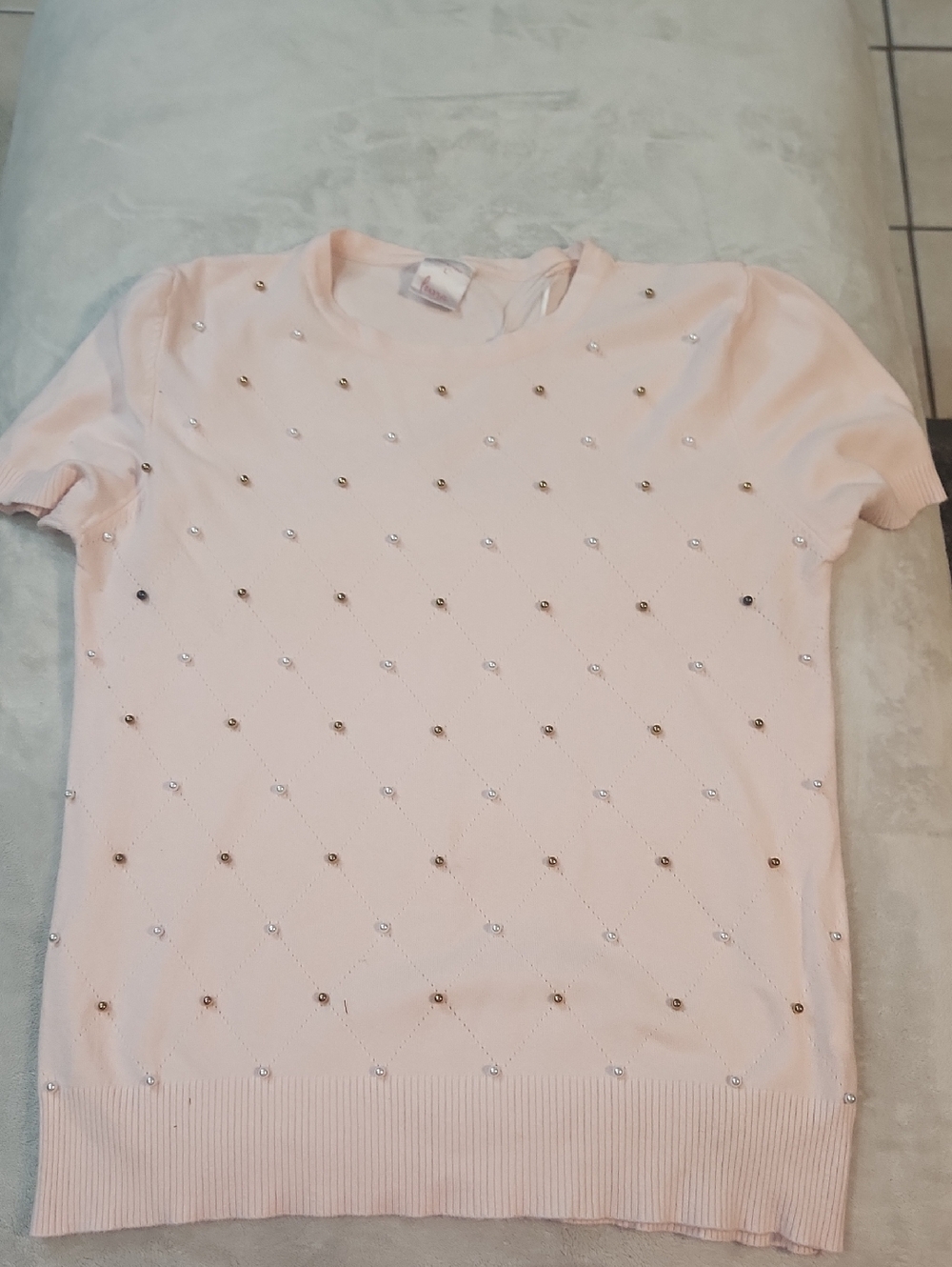 Luna Pastel Pink Short Sleeve Pullover Sweater Jewel Embelished Large